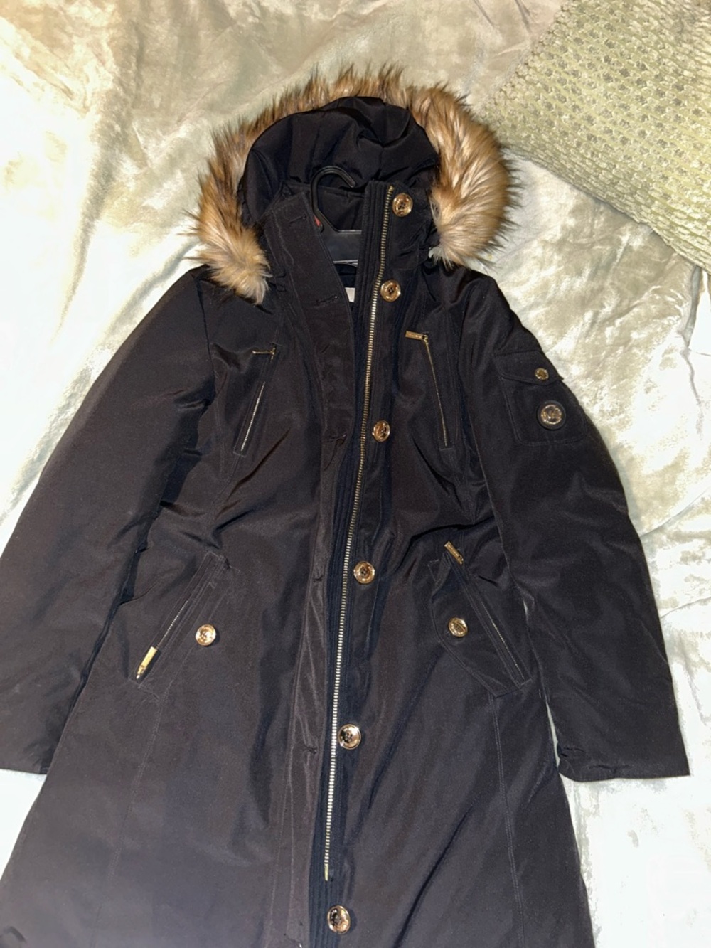 Michael Kors Black Trench Coat with Faux-Fur Hood Trim